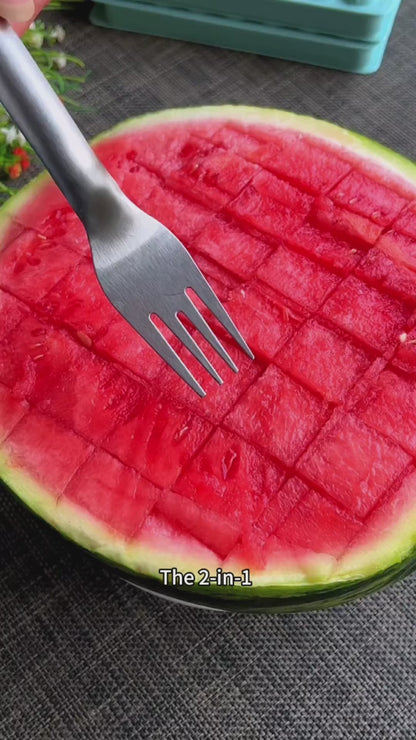 2-in-1 Watermelon Slicer & Fork – Stainless Steel Fruit Cutter Tool for Watermelon, Portable for Camping, Picnics, Home, Parties – Effortless Cubes & No Mess